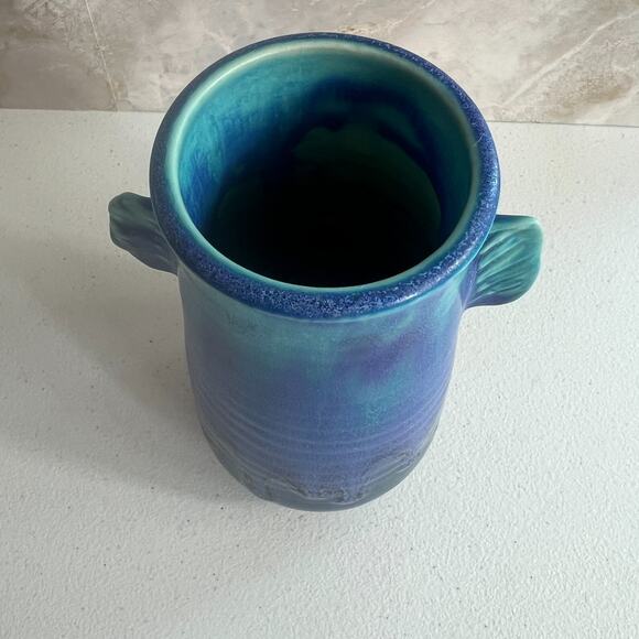 Studio Art Pottery Vase 6.5" Aqua Blue Glaze Drip Salt Glaze - Picture 3 of 16